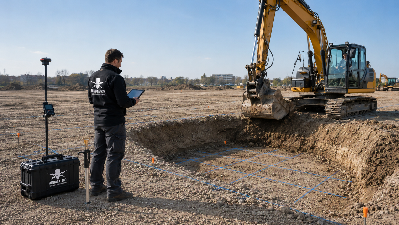 Prozessbild Bauaushubüberwachung mit kontrolliertem Aushub in einer Baugrube, Bagger, EOD-Fachkraft und Dokumentation
