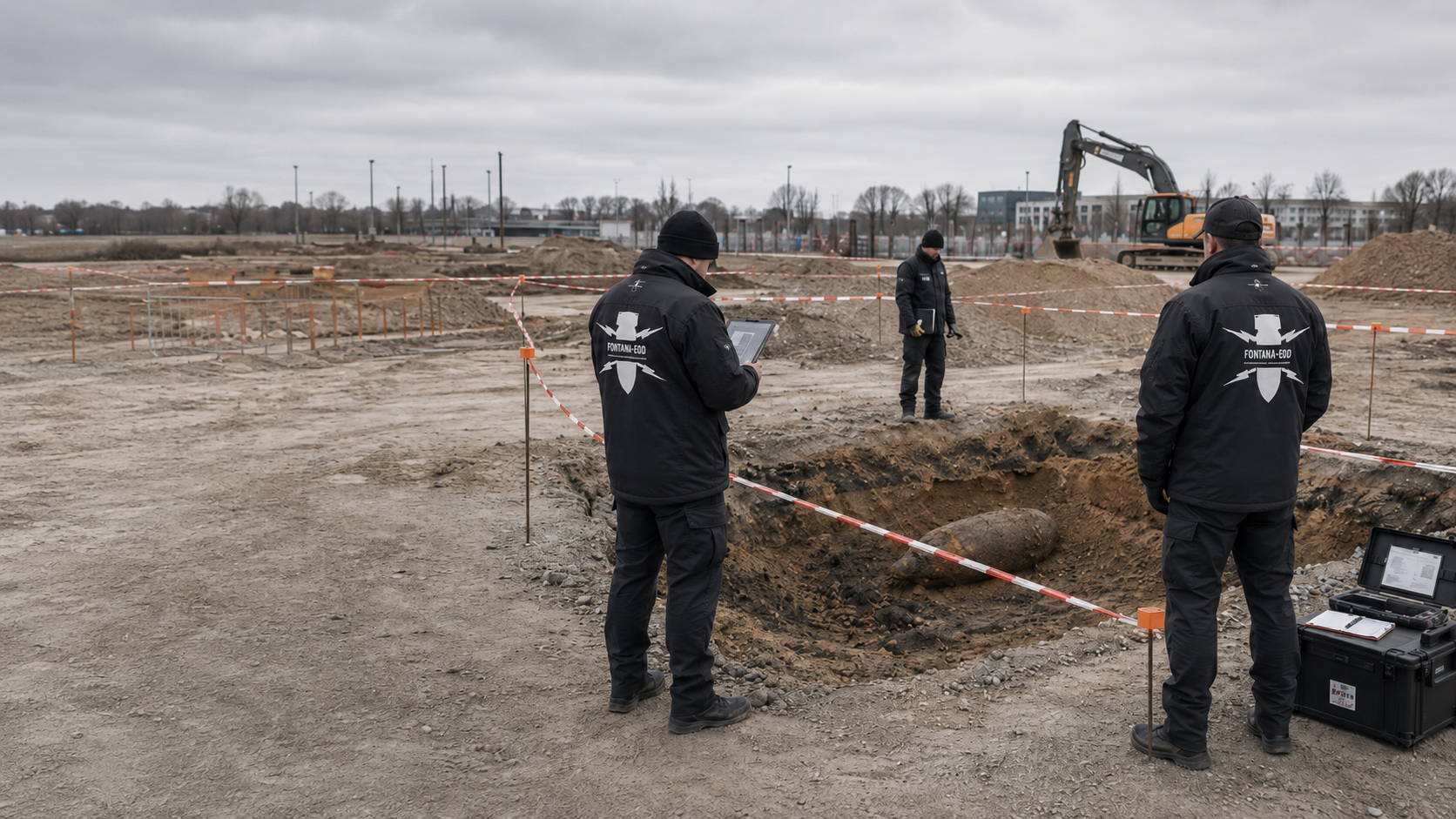Kampfmittelbergung in einer Baugrube mit gesichertem Kampfmittelfund, markiertem Arbeitsbereich und fachtechnischer Dokumentation