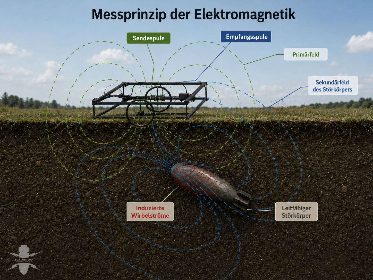 Messprinzip der TDEM-Messung mit elektromagnetischem Impuls, leitfähigem Störkörper und Sekundärfeld